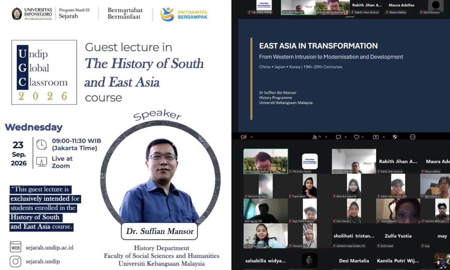Diskusi Daring Transformasi Asia Timur oleh S1 Sejarah FIB Undip dan Dosen Malaysia